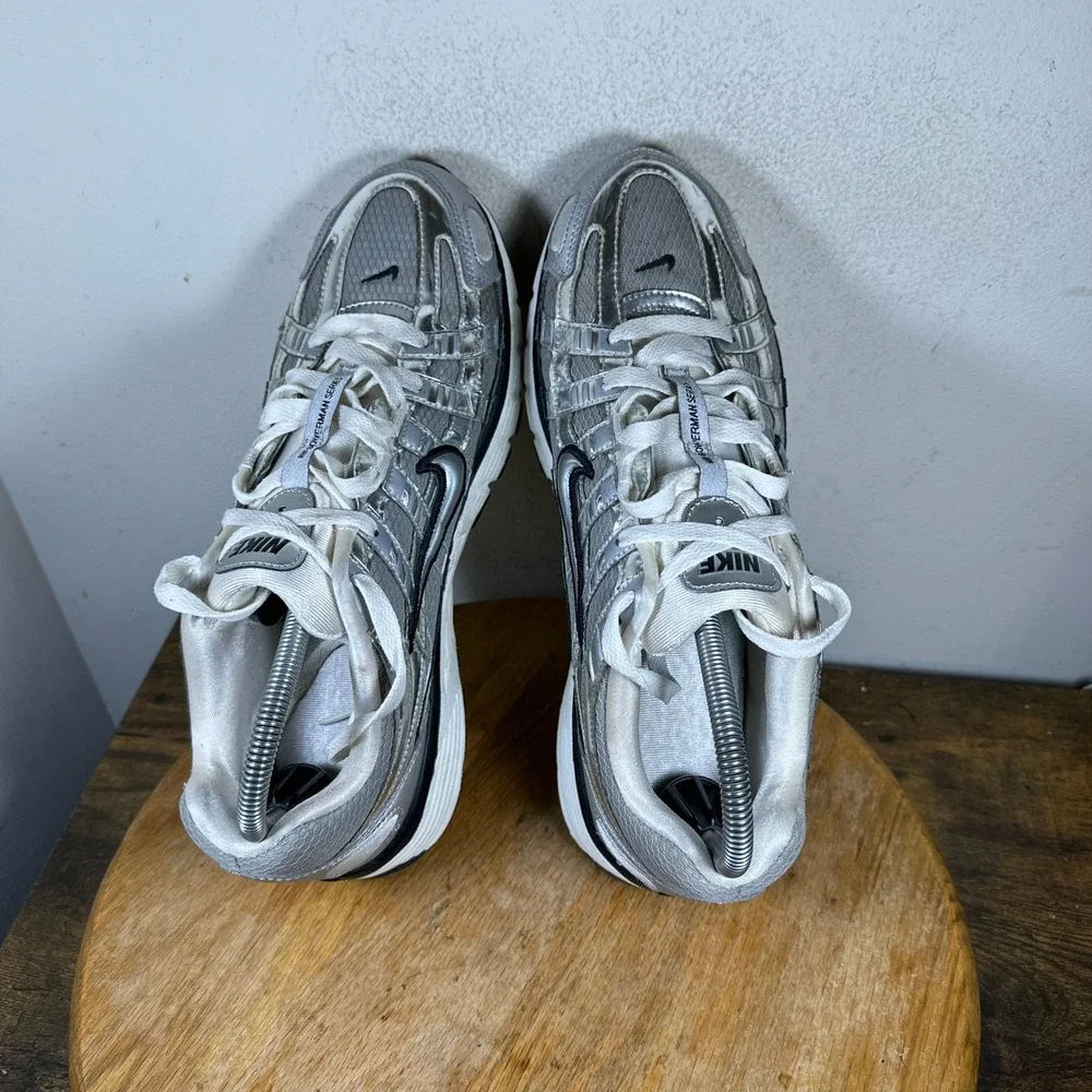 Nike P-6000 Metallic Silver White Black Mens Running Shoes CN0149-001 Size 10